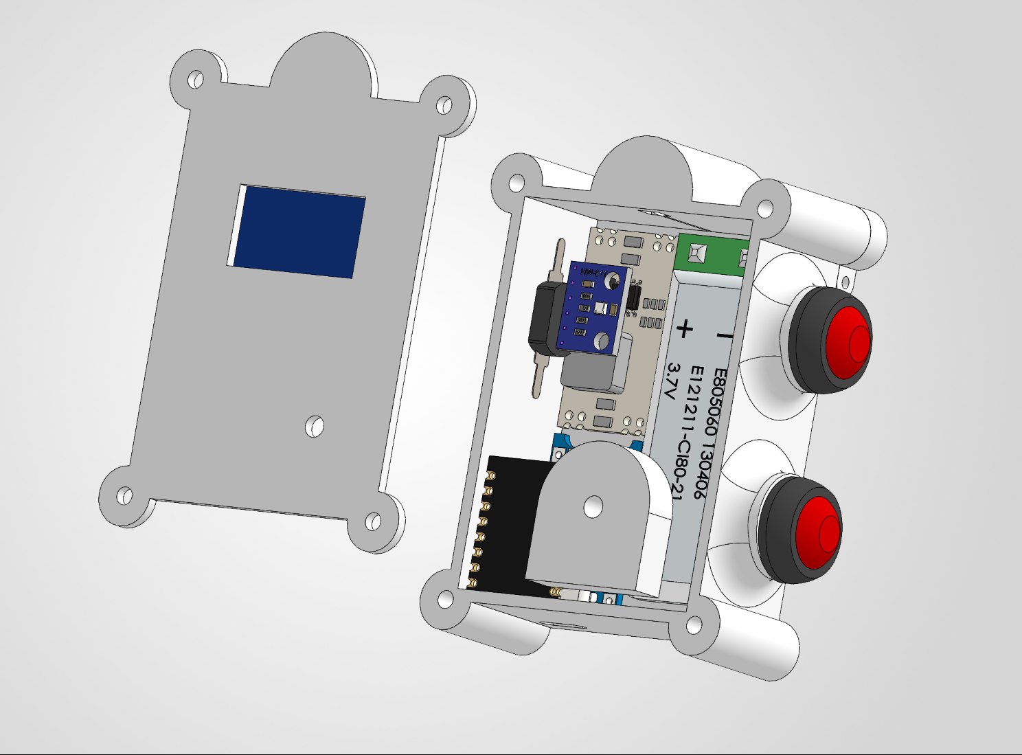 Exploded CAD view of PotWatch: the front shell with the display window on the left, and the rear shell on the right containing the ESP32 board, the step-down regulator, the flat LiPo cell, the piezo buzzer and the two panel-mount buttons